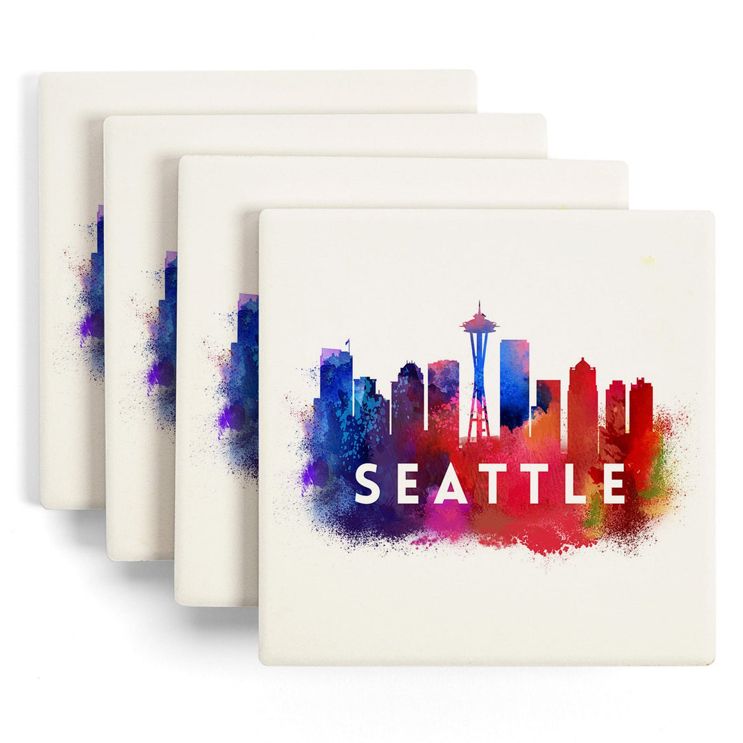 Seattle, Washington, Skyline Abstract (White), Indigos and Reds, Coasters Coasters Lantern Press