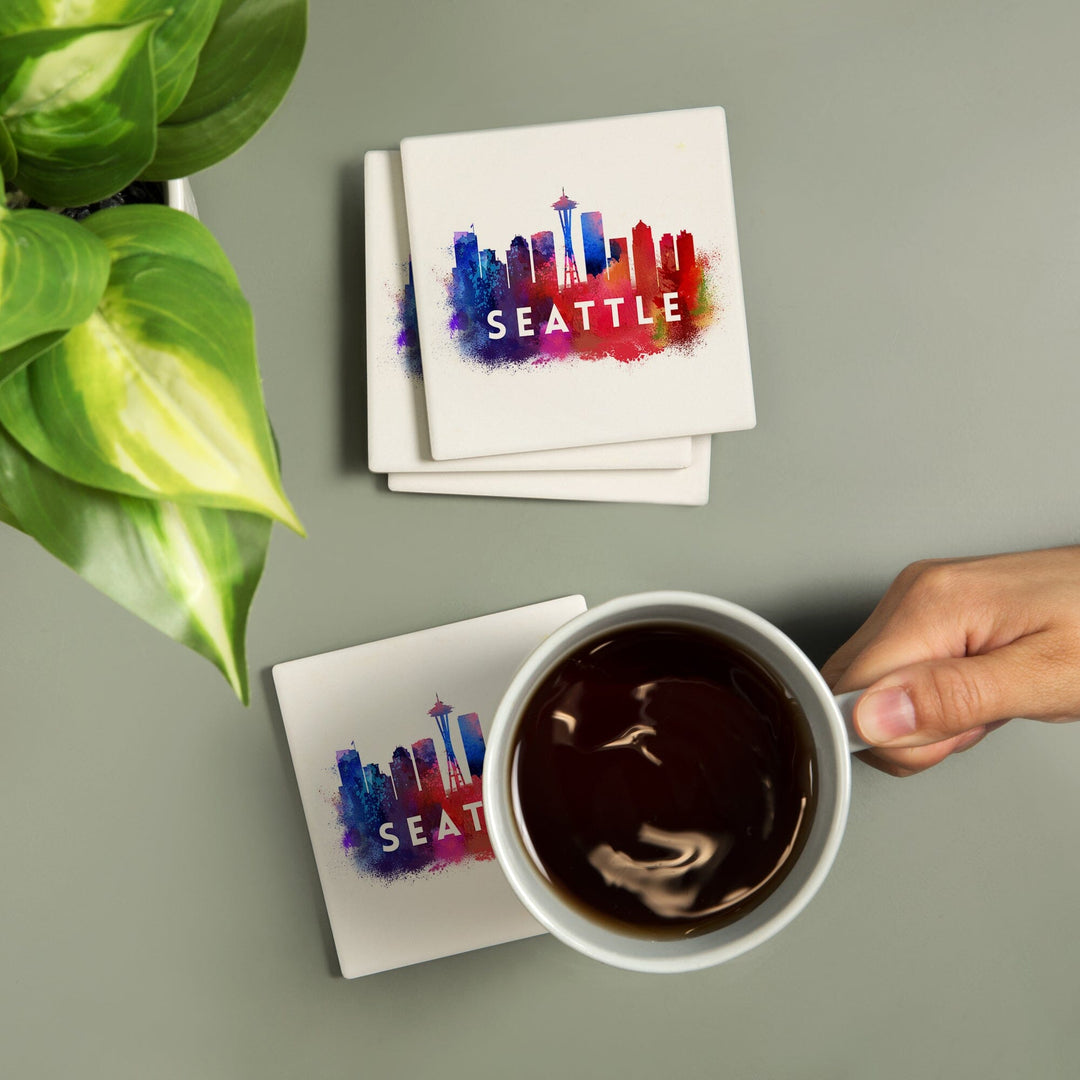 Seattle, Washington, Skyline Abstract (White), Indigos and Reds, Coasters Coasters Lantern Press