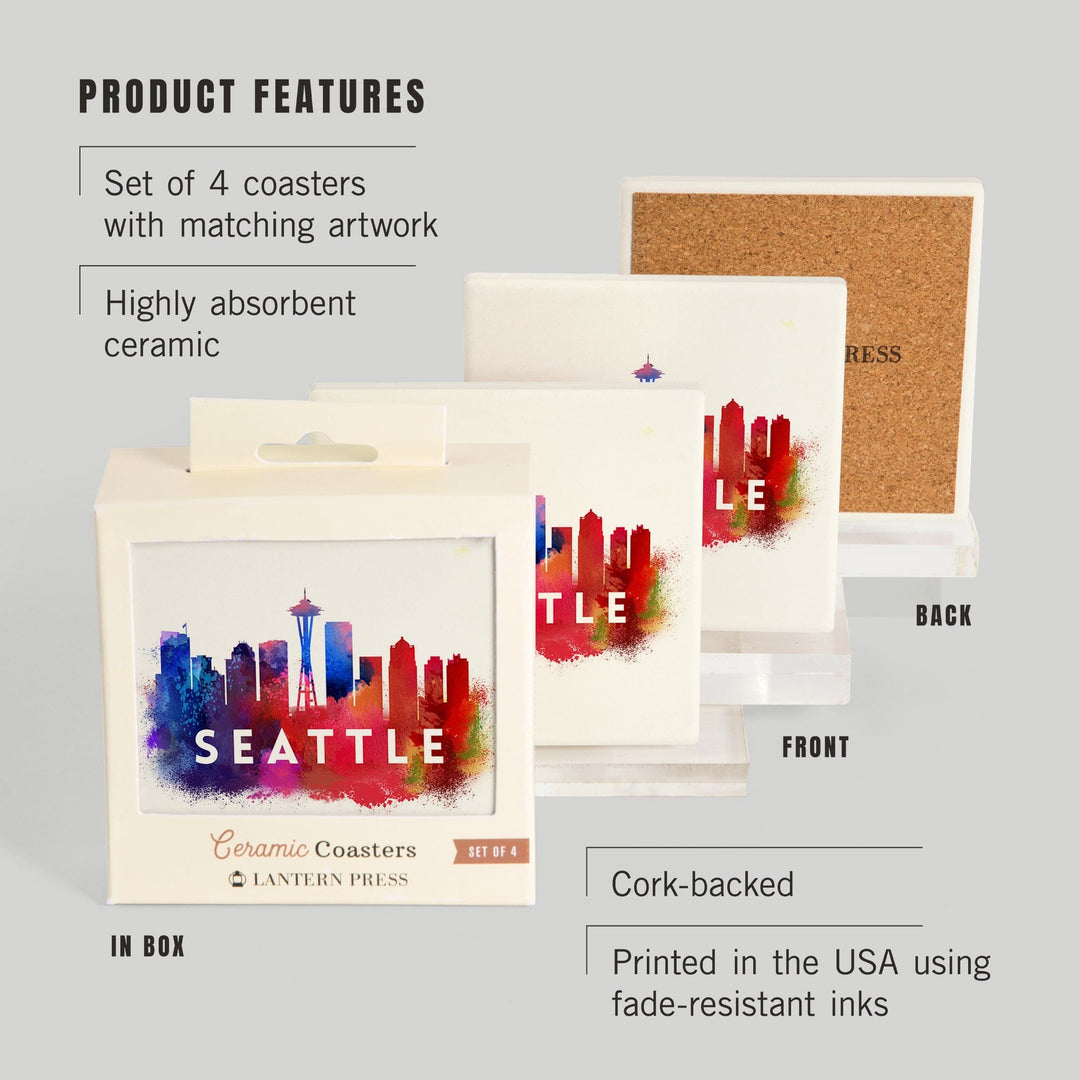 Seattle, Washington, Skyline Abstract (White), Indigos and Reds, Coasters Coasters Lantern Press