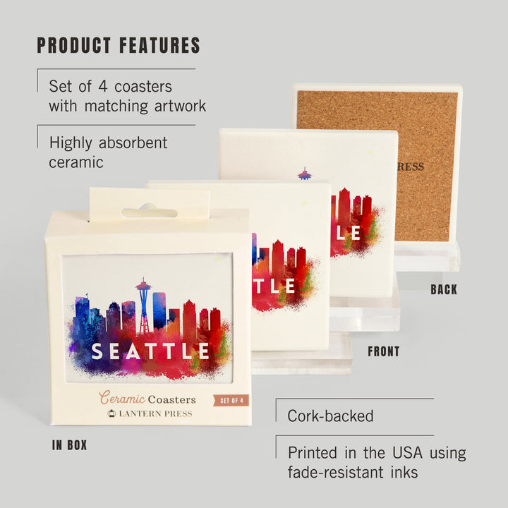 Seattle, Washington, Skyline Abstract (White), Indigos and Reds, Coasters Coasters Lantern Press