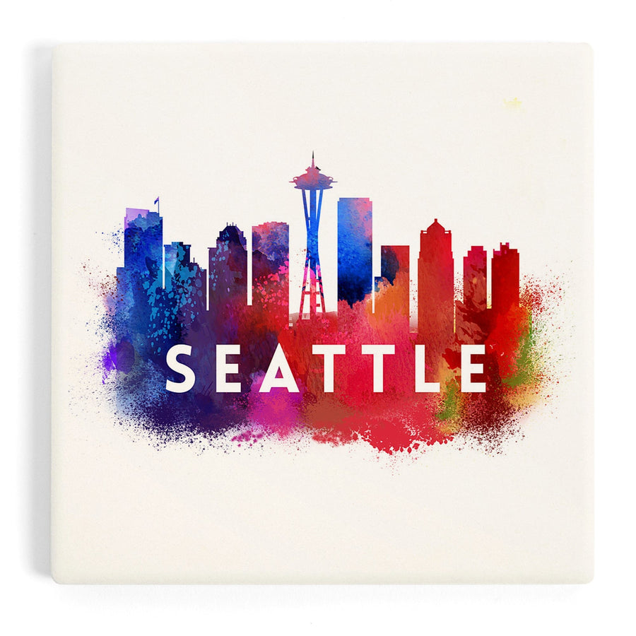 Seattle, Washington, Skyline Abstract (White), Indigos and Reds, Coasters Coasters Lantern Press