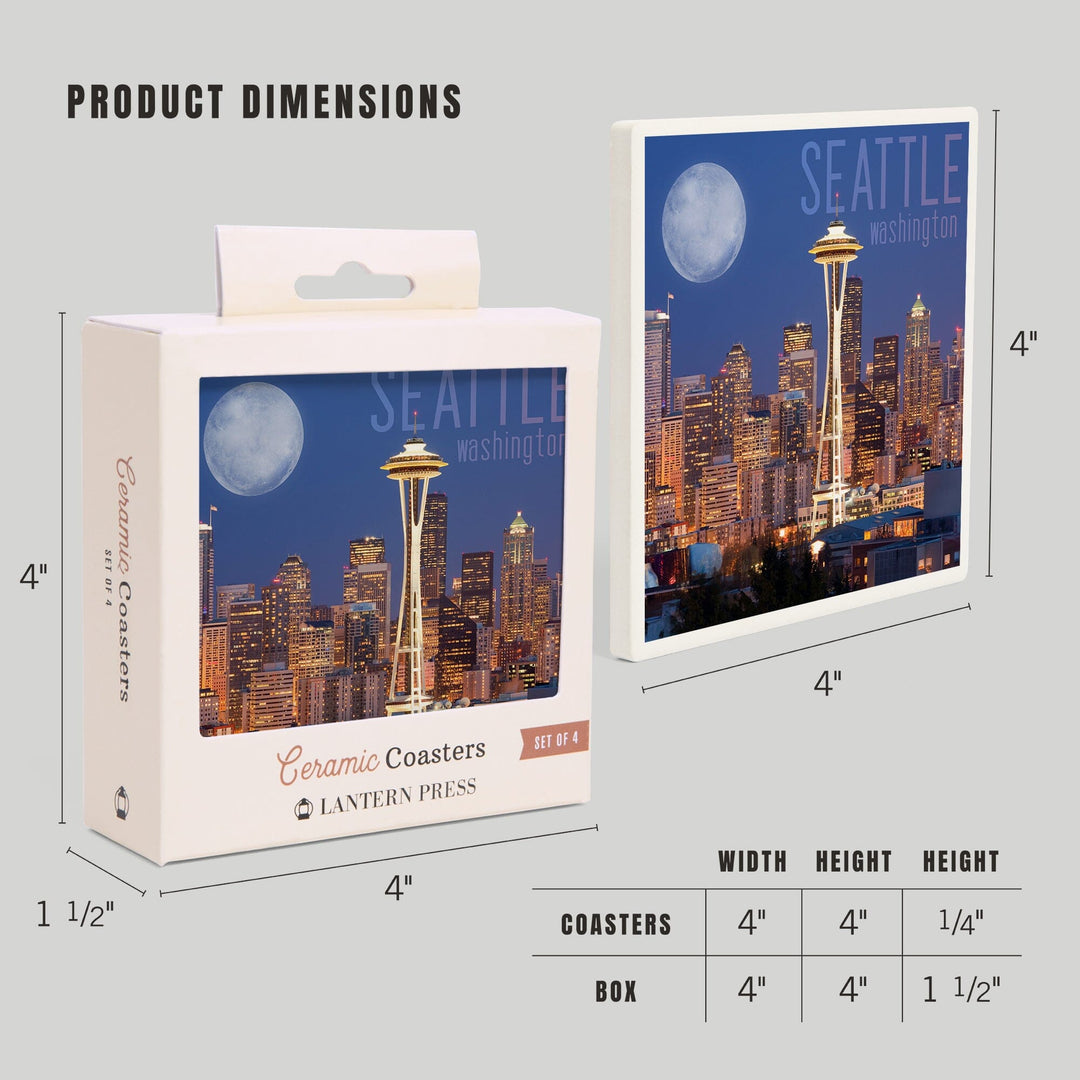 Seattle, Washington, Skyline and Full Moon, Coasters Coasters Lantern Press