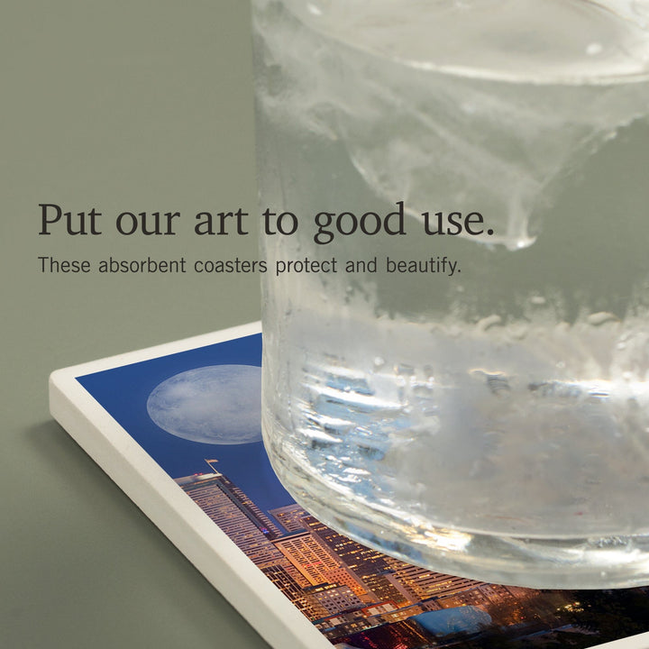 Seattle, Washington, Skyline and Full Moon, Coasters Coasters Lantern Press