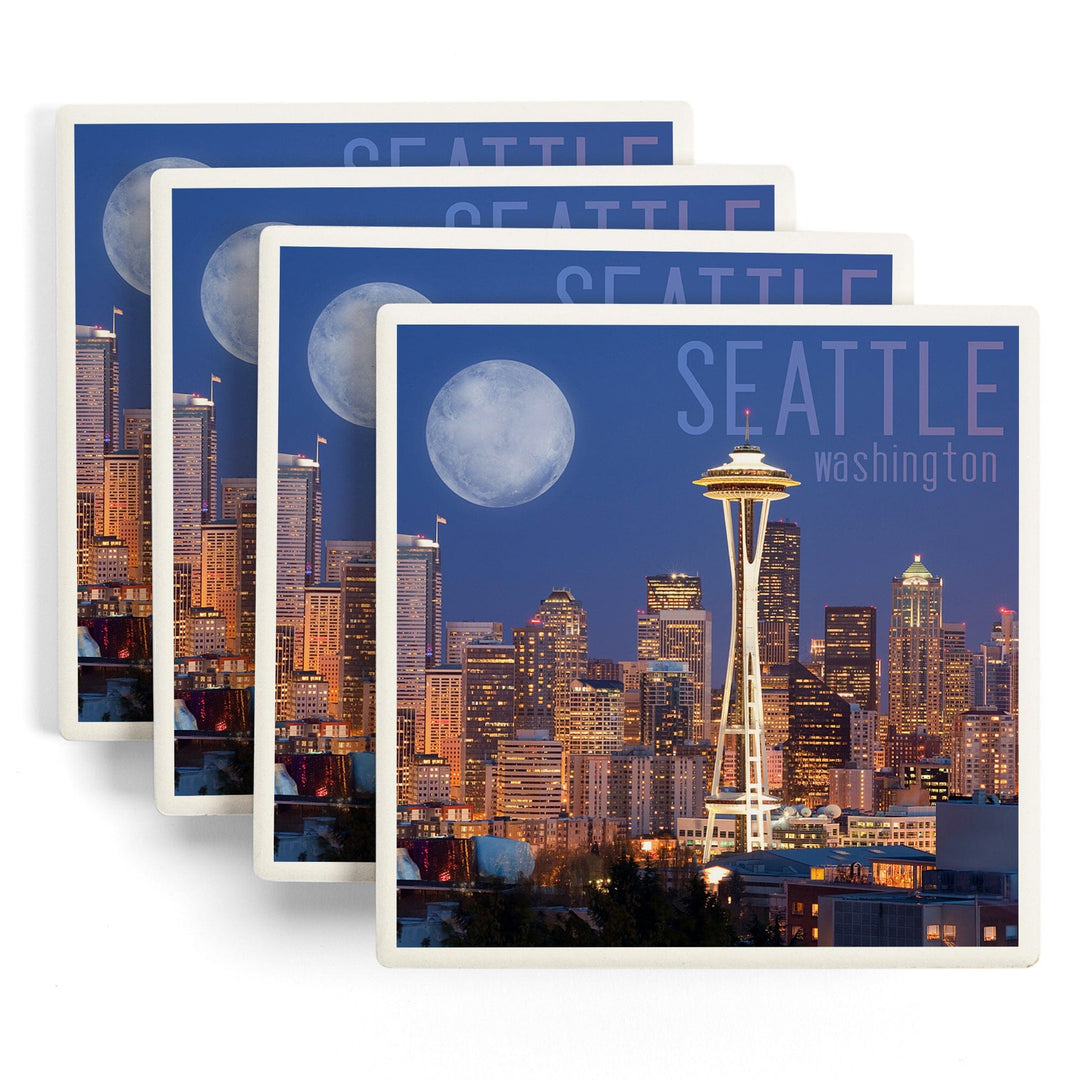Seattle, Washington, Skyline and Full Moon, Coasters Coasters Lantern Press