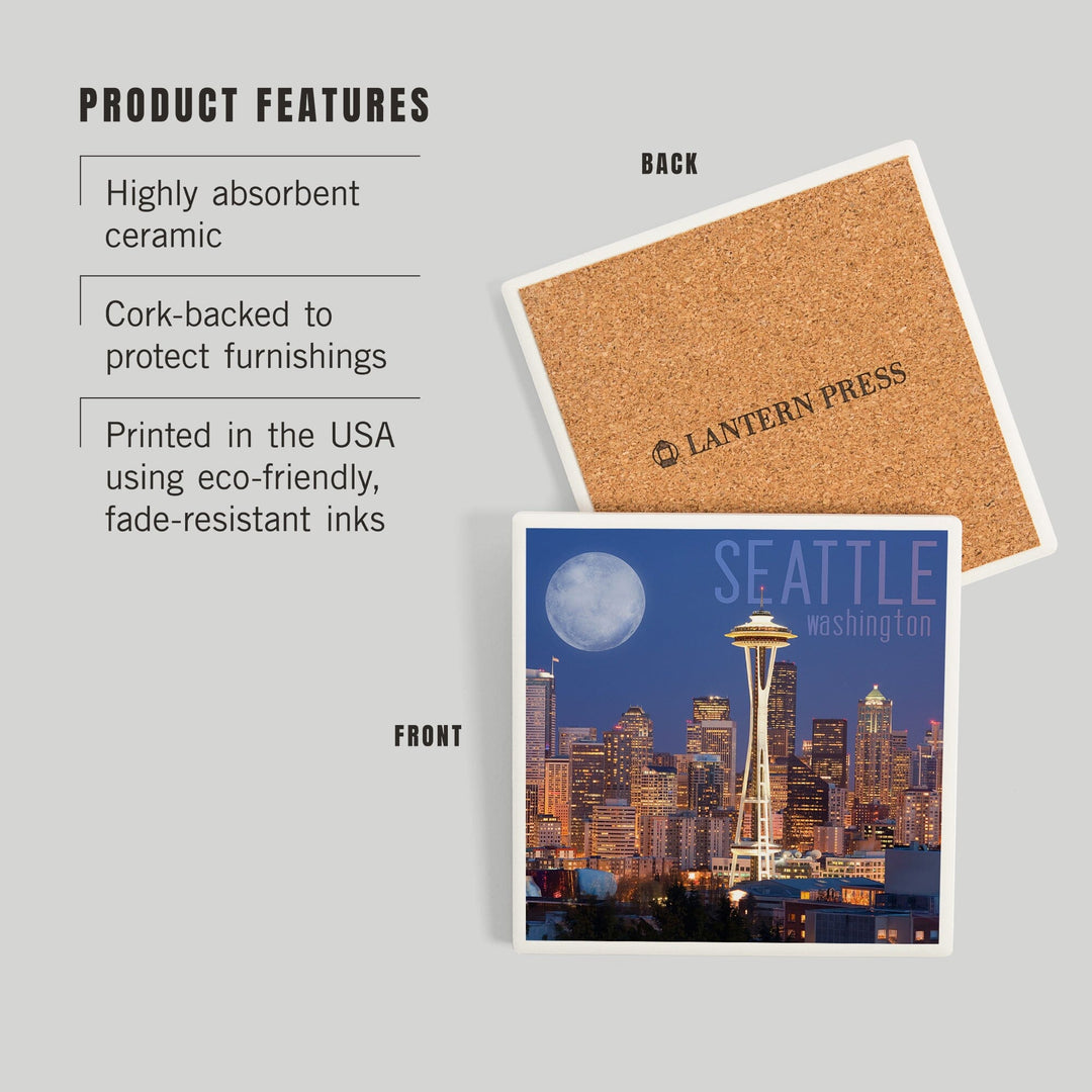 Seattle, Washington, Skyline and Full Moon, Coasters Coasters Lantern Press
