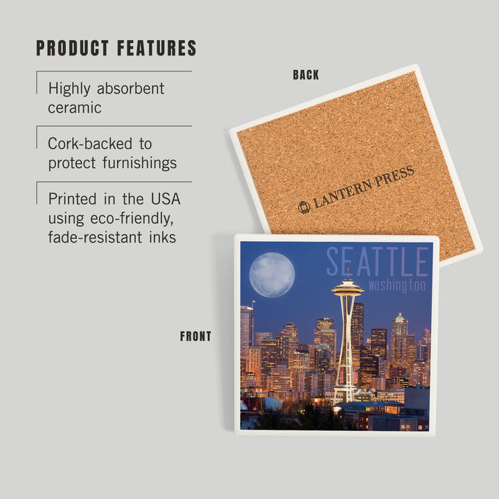 Seattle, Washington, Skyline and Full Moon, Coasters Coasters Lantern Press