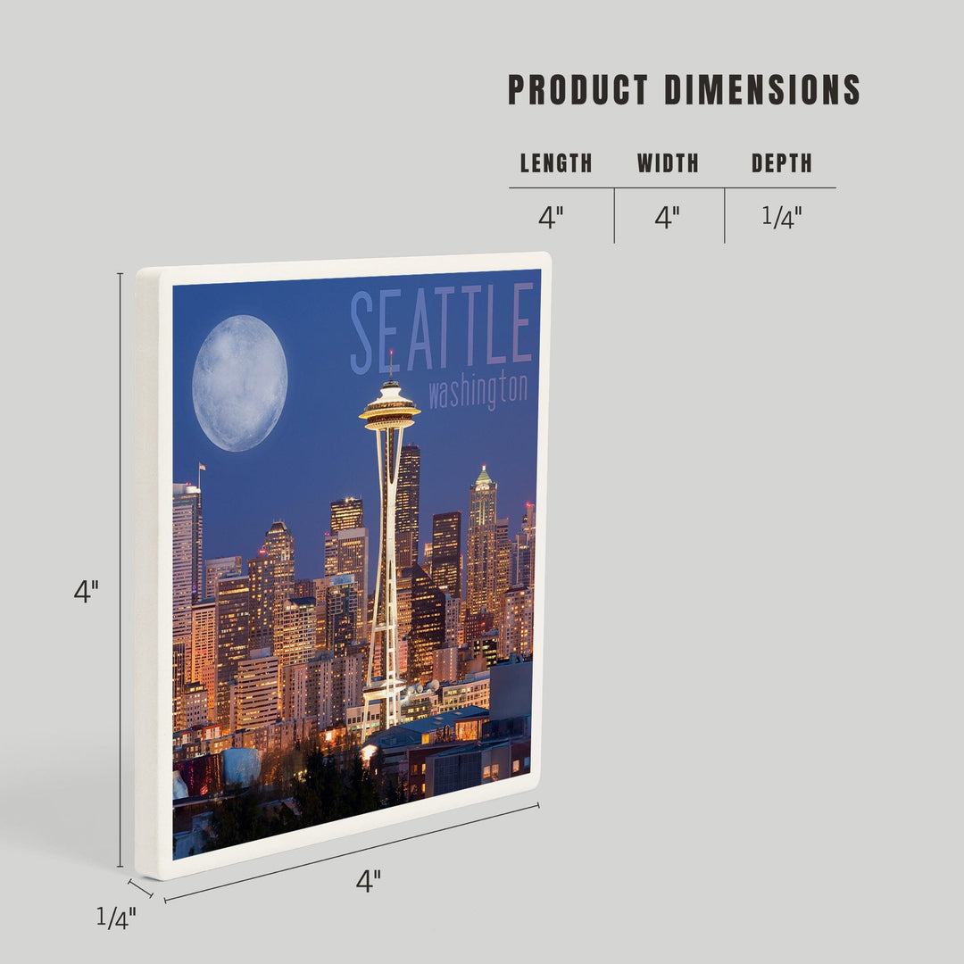 Seattle, Washington, Skyline and Full Moon, Coasters Coasters Lantern Press