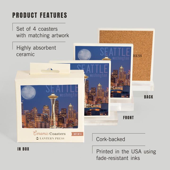 Seattle, Washington, Skyline and Full Moon, Coasters Coasters Lantern Press