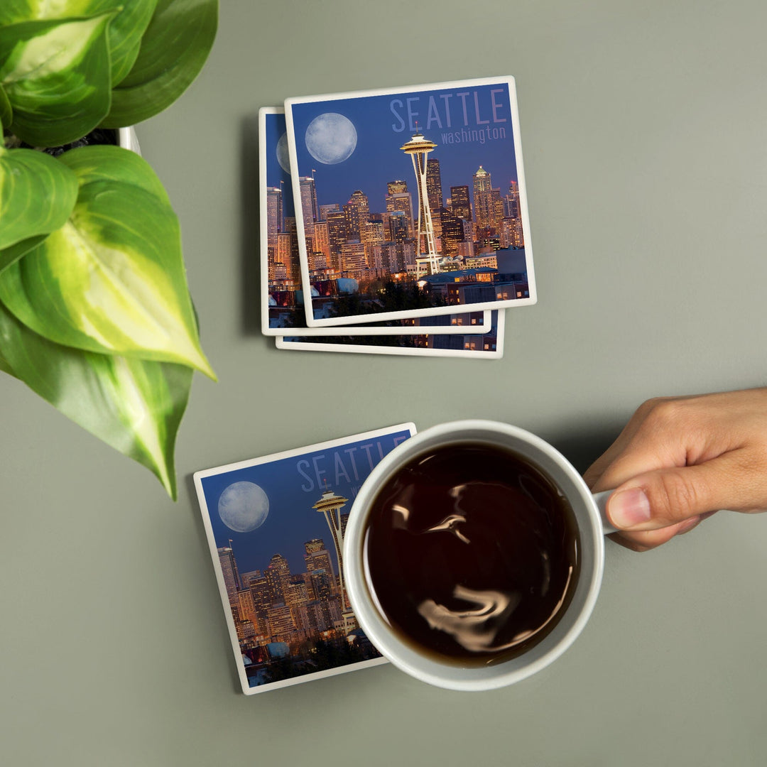 Seattle, Washington, Skyline and Full Moon, Coasters Coasters Lantern Press