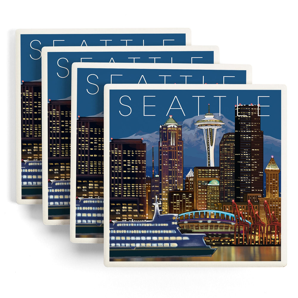 Seattle, Washington, Skyline at Night, Coasters Coasters Lantern Press