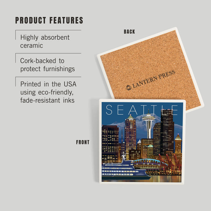 Seattle, Washington, Skyline at Night, Coasters Coasters Lantern Press