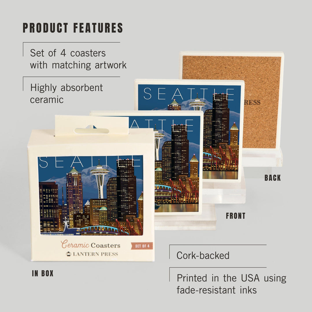 Seattle, Washington, Skyline at Night, Coasters Coasters Lantern Press