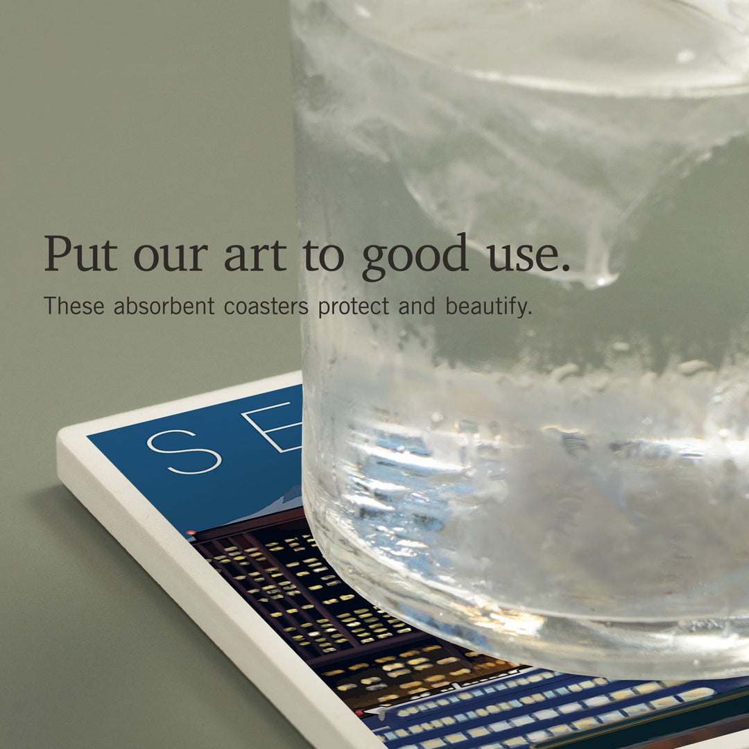 Seattle, Washington, Skyline at Night, Coasters Coasters Lantern Press