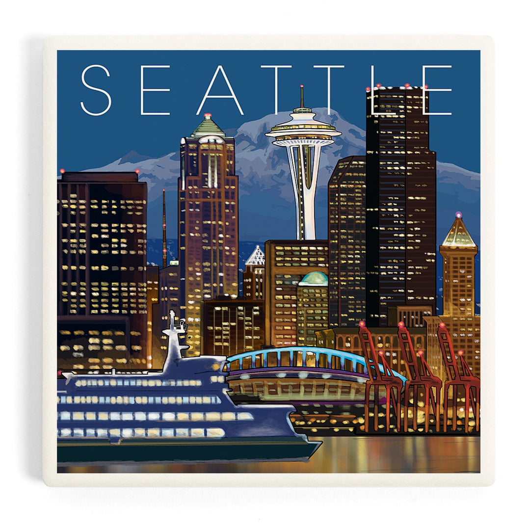 Seattle, Washington, Skyline at Night, Coasters Coasters Lantern Press Coaster