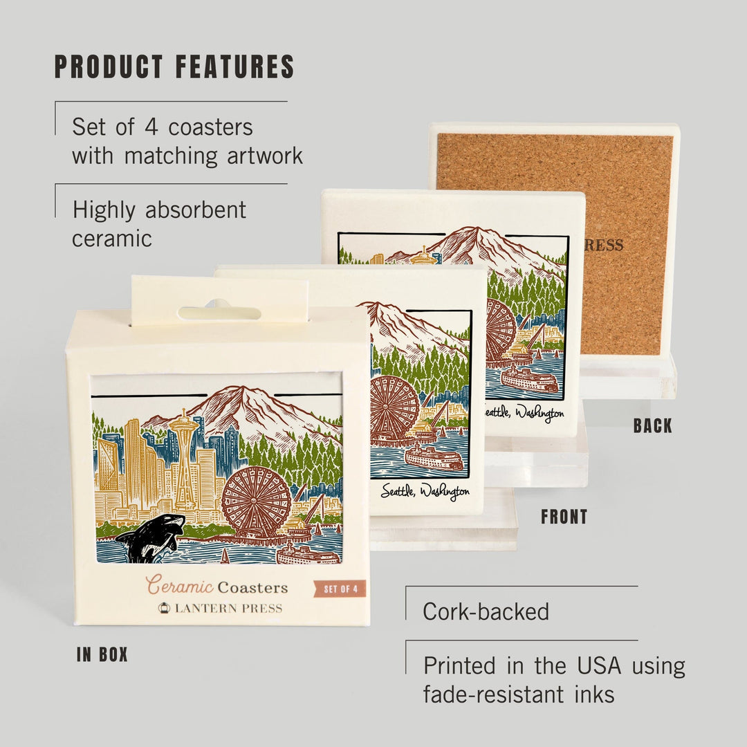 Seattle, Washington, Skyline, Coasters Coasters Lantern Press