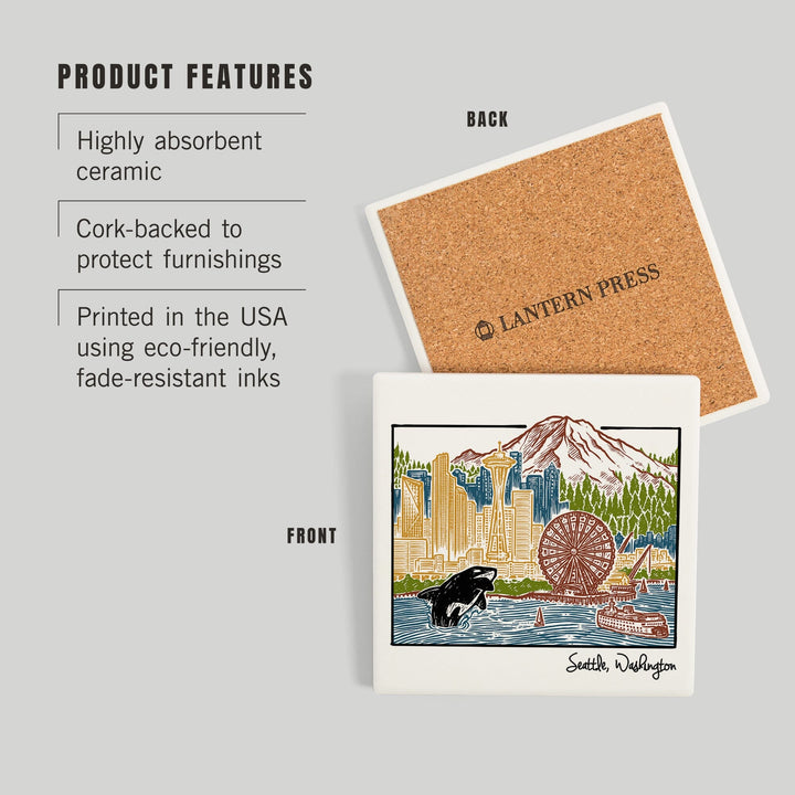 Seattle, Washington, Skyline, Coasters Coasters Lantern Press