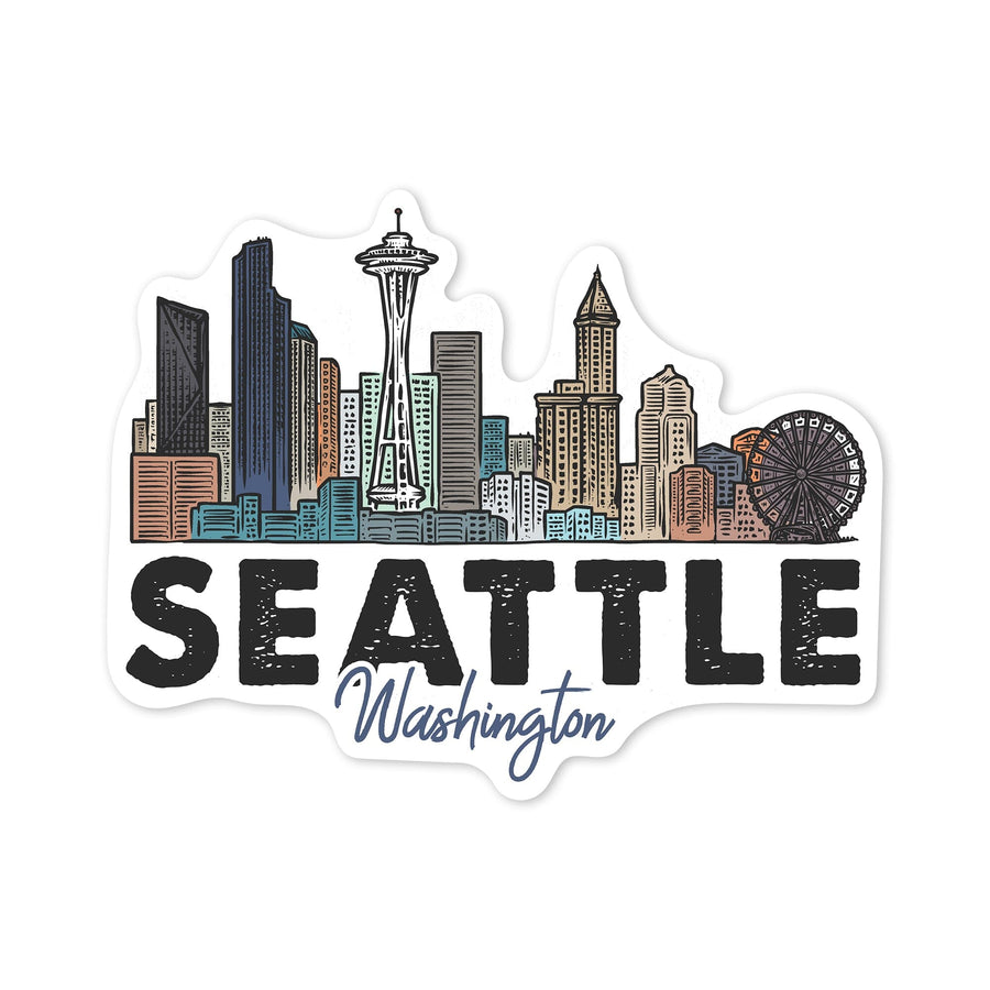 Seattle, Washington, Skyline, Icon, Contour, Lantern Press Artwork, Vinyl Sticker Sticker Lantern Press