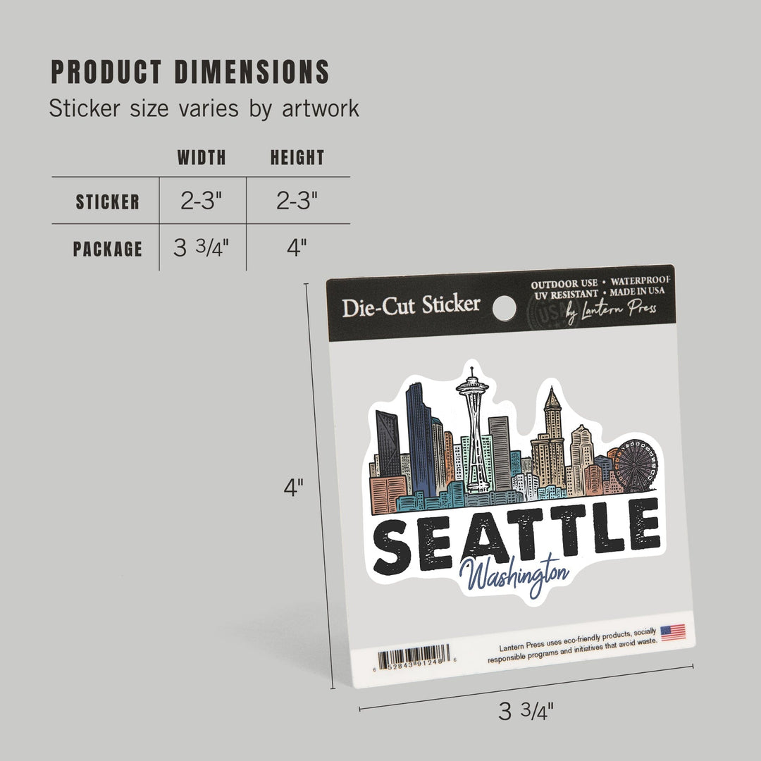 Seattle, Washington, Skyline, Icon, Contour, Lantern Press Artwork, Vinyl Sticker Sticker Lantern Press