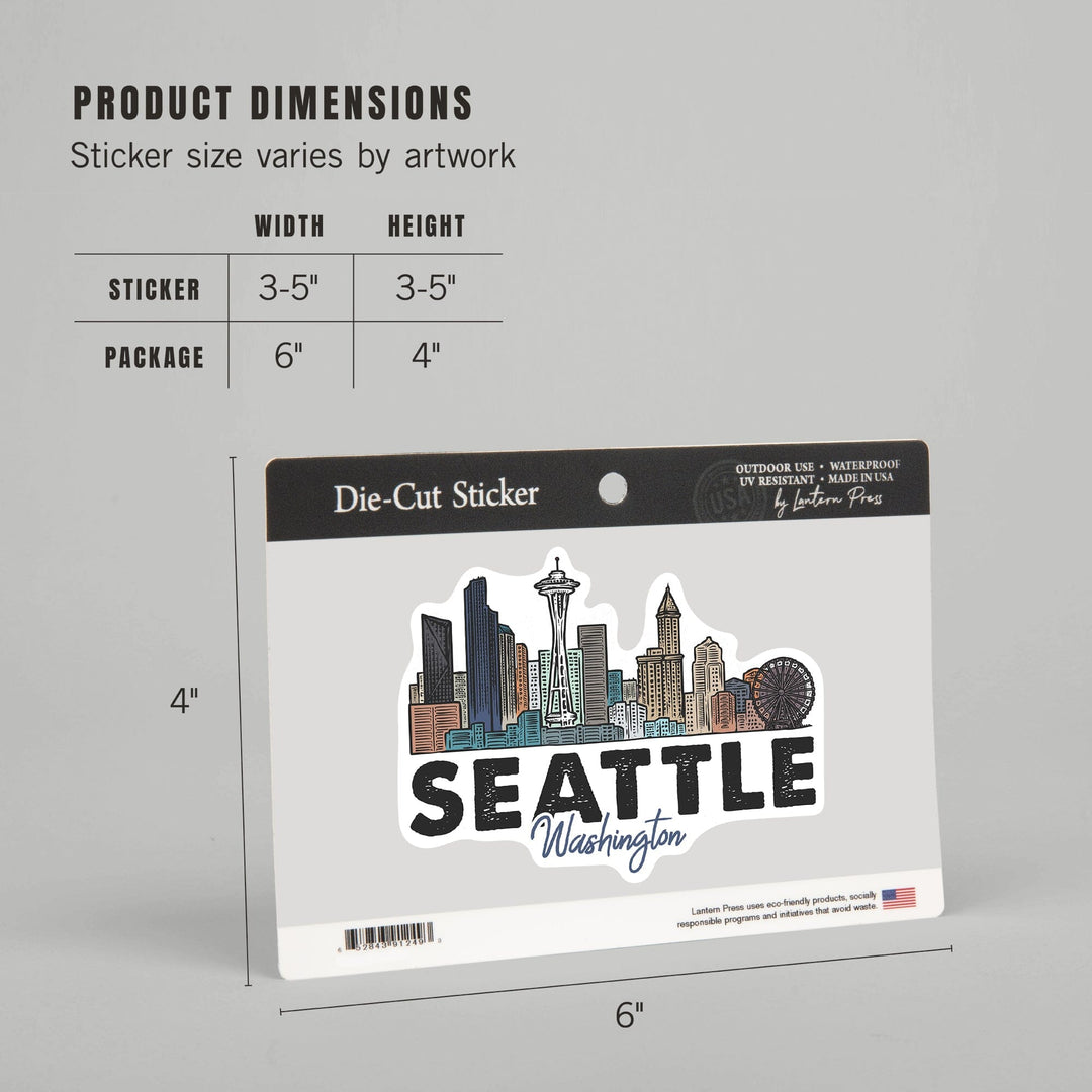 Seattle, Washington, Skyline, Icon, Contour, Lantern Press Artwork, Vinyl Sticker Sticker Lantern Press