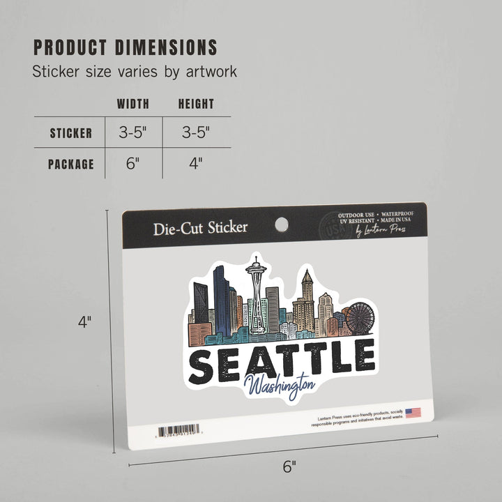 Seattle, Washington, Skyline, Icon, Contour, Lantern Press Artwork, Vinyl Sticker Sticker Lantern Press