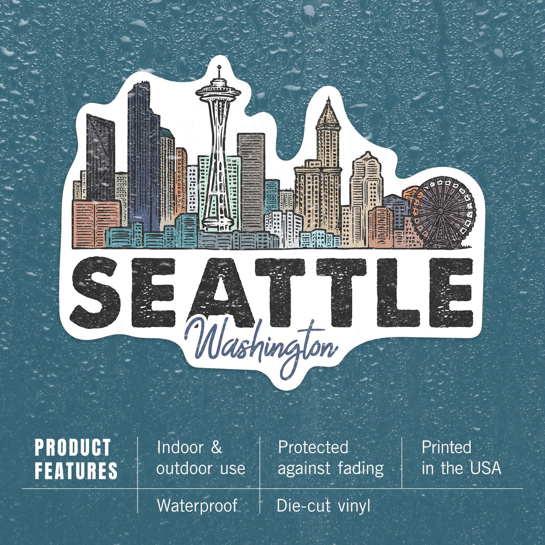 Seattle, Washington, Skyline, Icon, Contour, Lantern Press Artwork, Vinyl Sticker Sticker Lantern Press