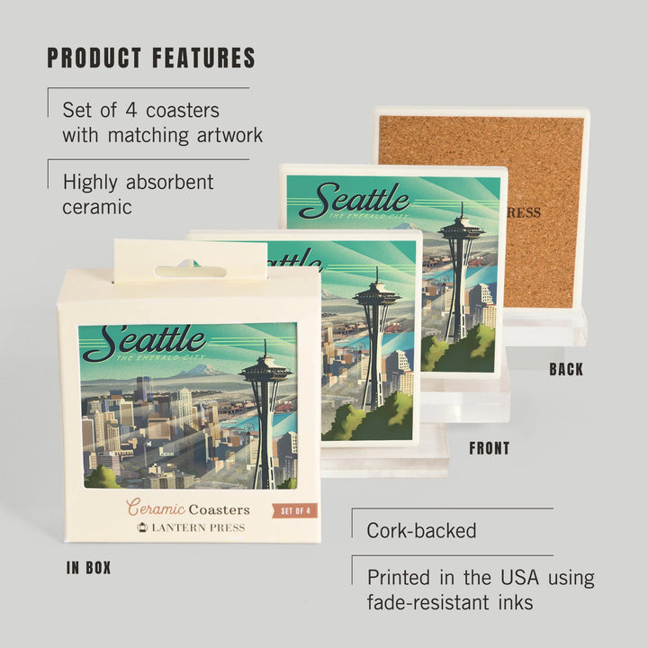 Seattle, Washington, Skyline, Lithograph, Coasters Coasters Lantern Press