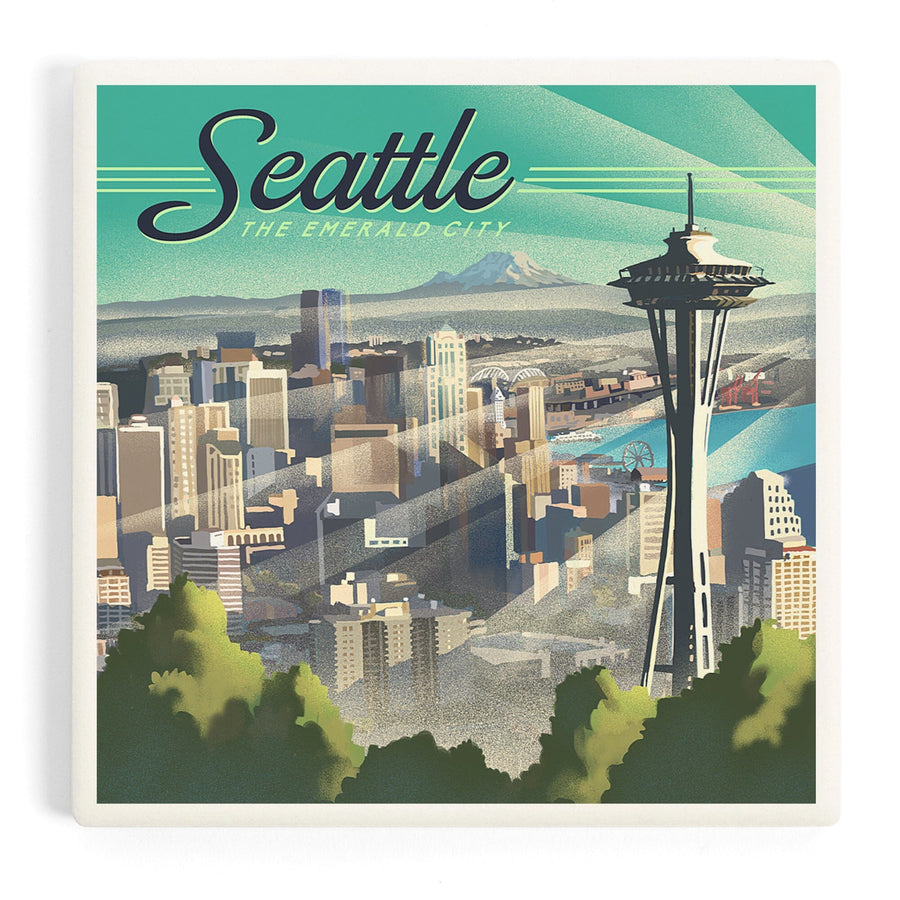 Seattle, Washington, Skyline, Lithograph, Coasters Coasters Lantern Press