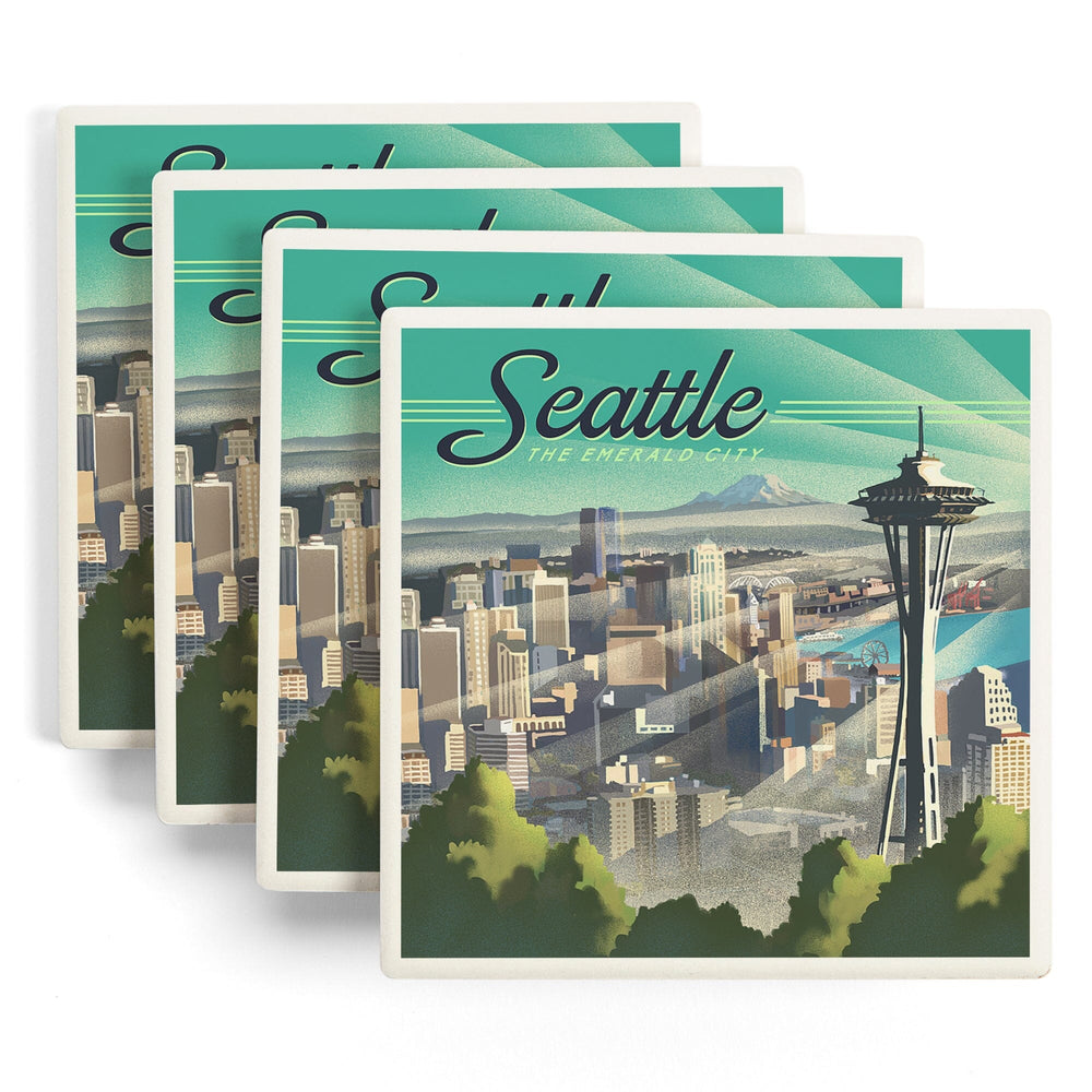 Seattle, Washington, Skyline, Lithograph, Coasters Coasters Lantern Press