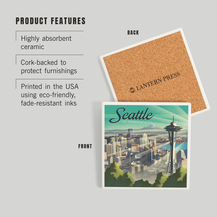 Seattle, Washington, Skyline, Lithograph, Coasters Coasters Lantern Press