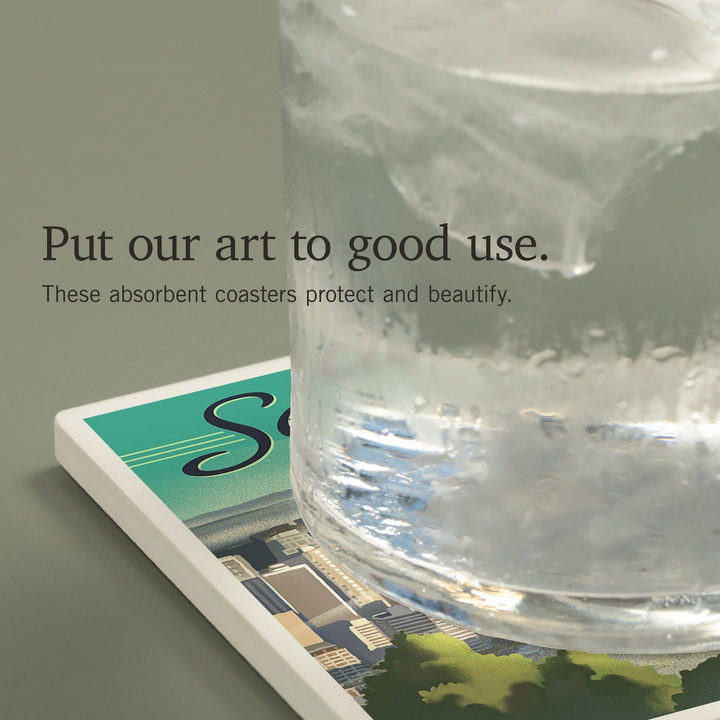 Seattle, Washington, Skyline, Lithograph, Coasters Coasters Lantern Press