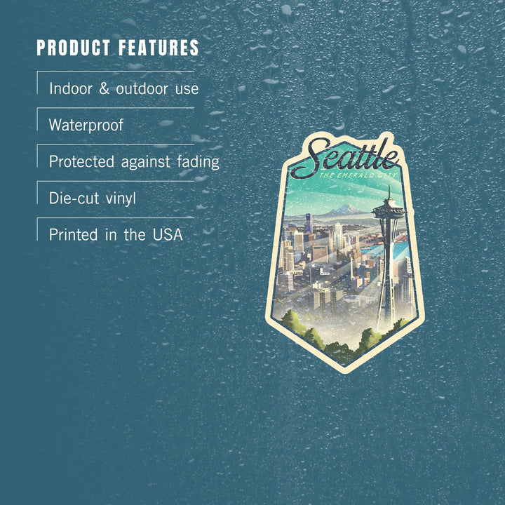 Seattle, Washington, Skyline, Lithograph, Contour, Vinyl Sticker Sticker Lantern Press