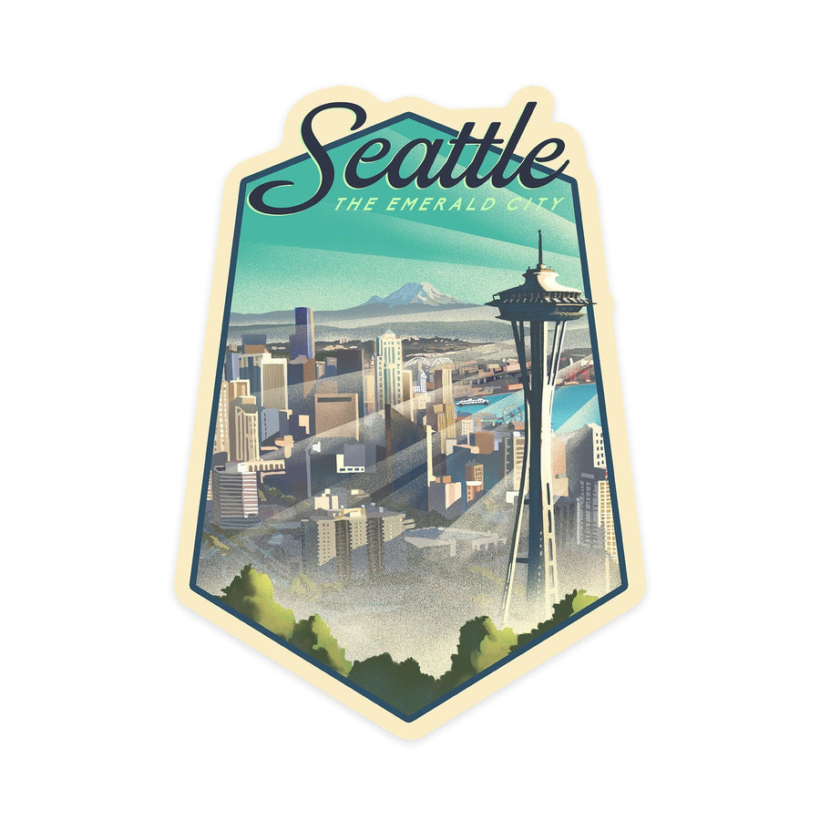 Seattle, Washington, Skyline, Lithograph, Contour, Vinyl Sticker Sticker Lantern Press
