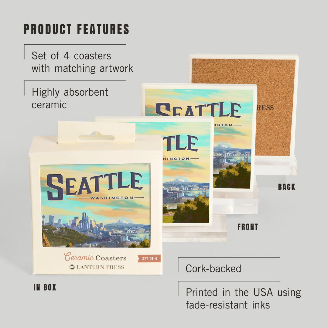 Seattle, Washington, Skyline, Oil Painting, Coasters Coasters Lantern Press