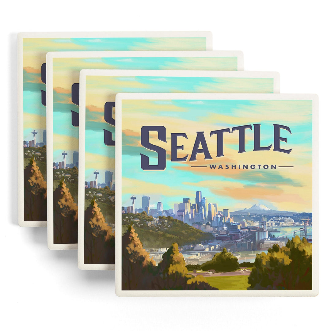 Seattle, Washington, Skyline, Oil Painting, Coasters Coasters Lantern Press