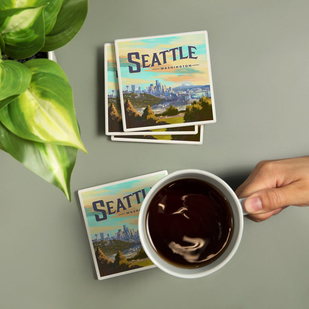 Seattle, Washington, Skyline, Oil Painting, Coasters Coasters Lantern Press