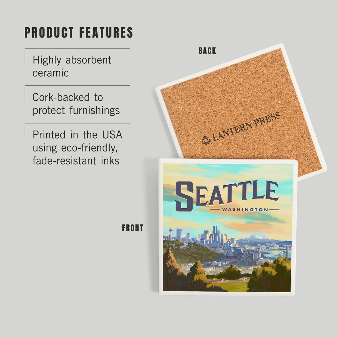Seattle, Washington, Skyline, Oil Painting, Coasters Coasters Lantern Press