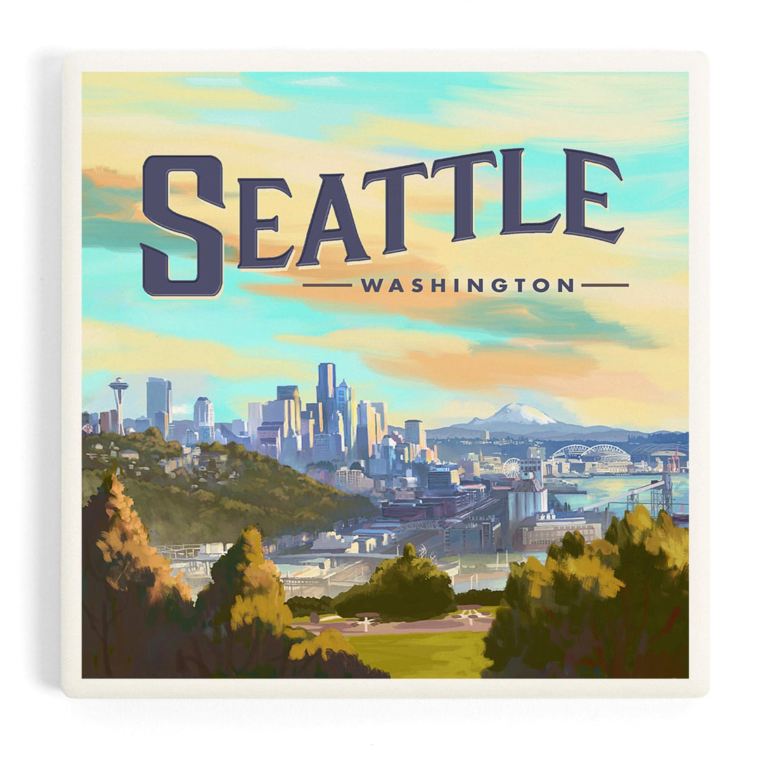 Seattle, Washington, Skyline, Oil Painting, Coasters Coasters Lantern Press