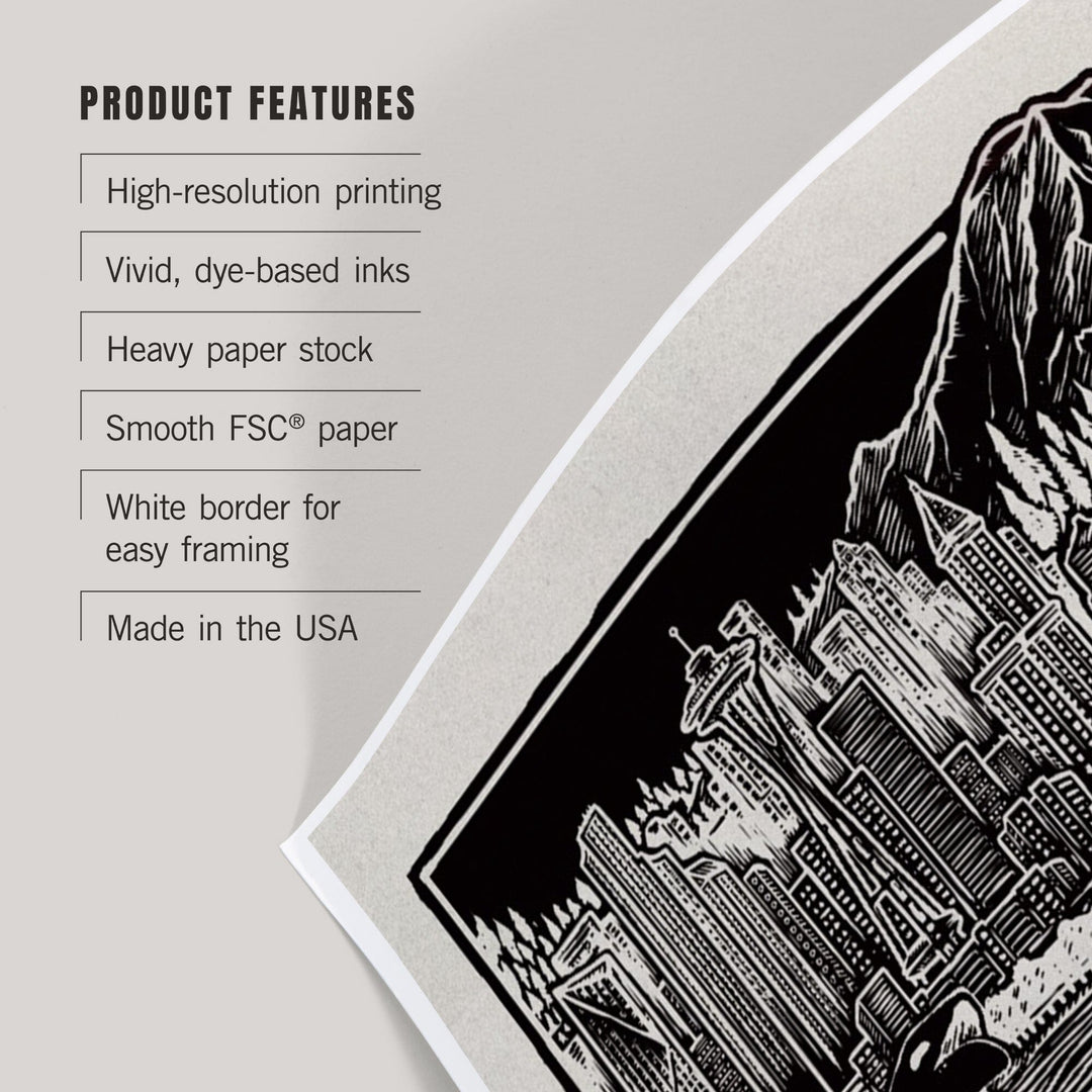 Seattle, Washington, Skyline, Scratchboard, Black and White, Art & Giclee Prints Art Lantern Press