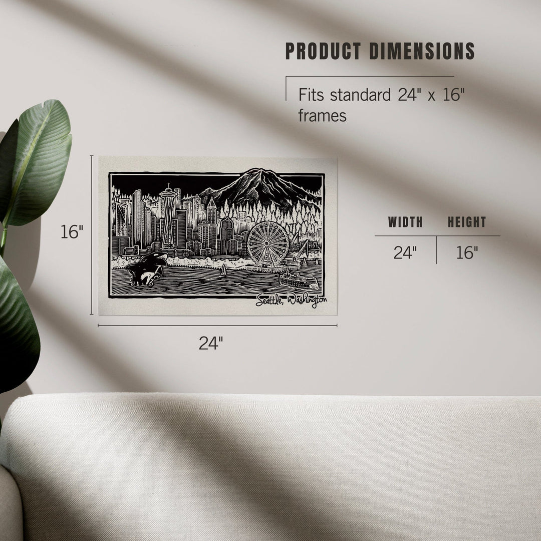 Seattle, Washington, Skyline, Scratchboard, Black and White, Art & Giclee Prints Art Lantern Press