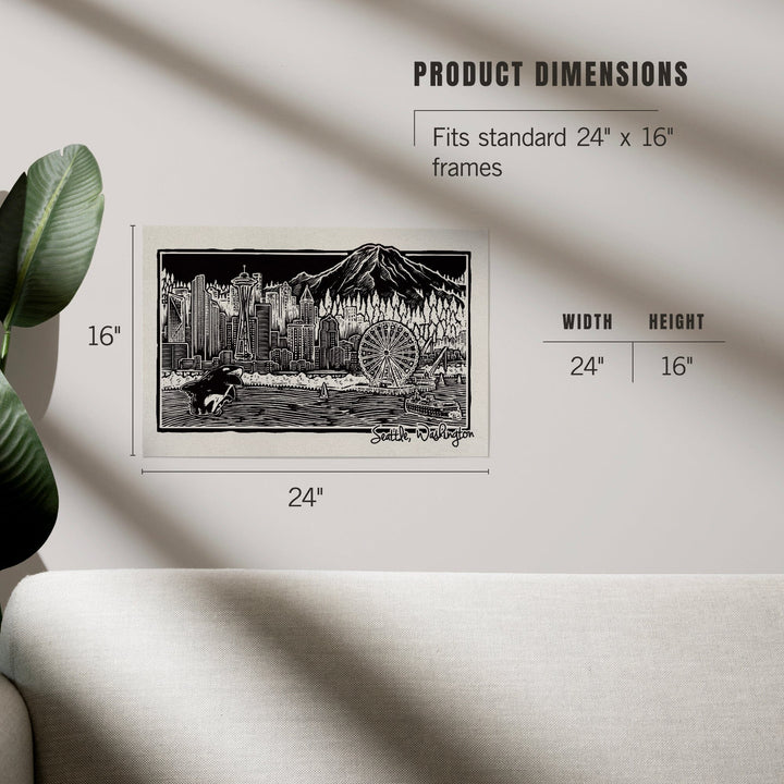 Seattle, Washington, Skyline, Scratchboard, Black and White, Art & Giclee Prints Art Lantern Press