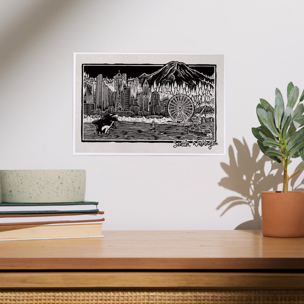 Seattle, Washington, Skyline, Scratchboard, Black and White, Art & Giclee Prints Art Lantern Press