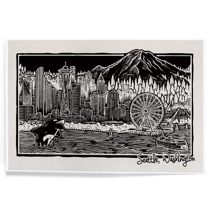 Seattle, Washington, Skyline, Scratchboard, Black and White, Art & Giclee Prints Art Lantern Press