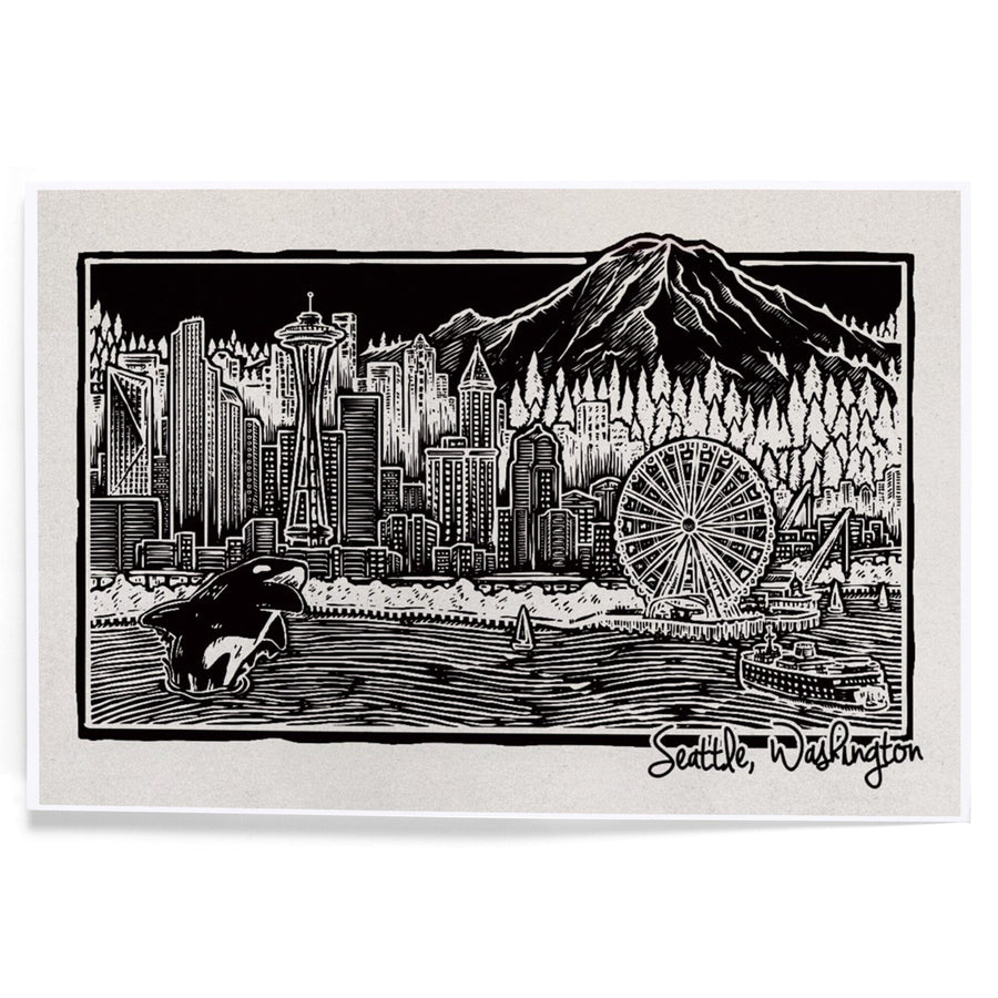 Seattle, Washington, Skyline, Scratchboard, Black and White, Art & Giclee Prints Art Lantern Press