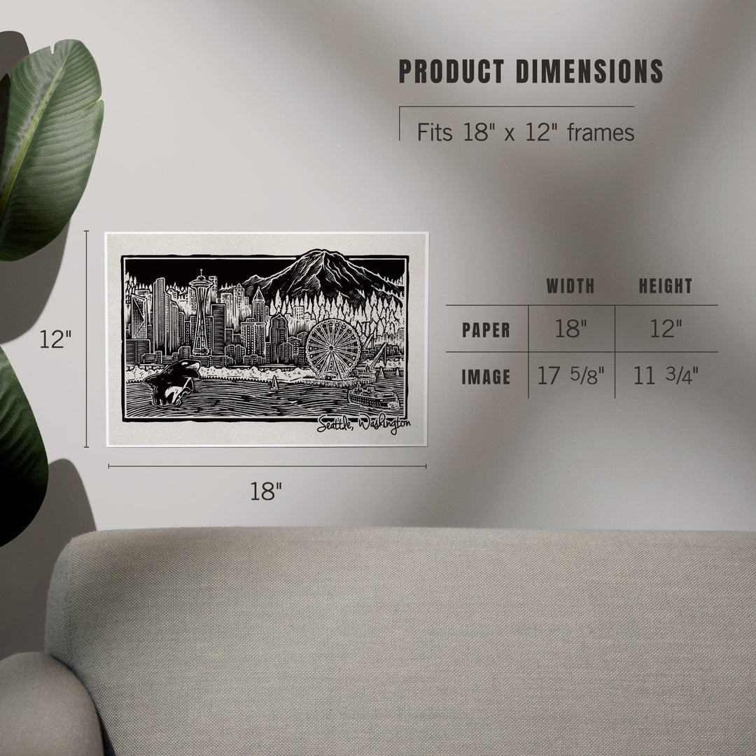 Seattle, Washington, Skyline, Scratchboard, Black and White, Art & Giclee Prints Art Lantern Press