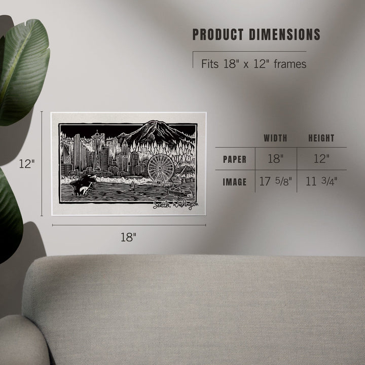 Seattle, Washington, Skyline, Scratchboard, Black and White, Art & Giclee Prints Art Lantern Press