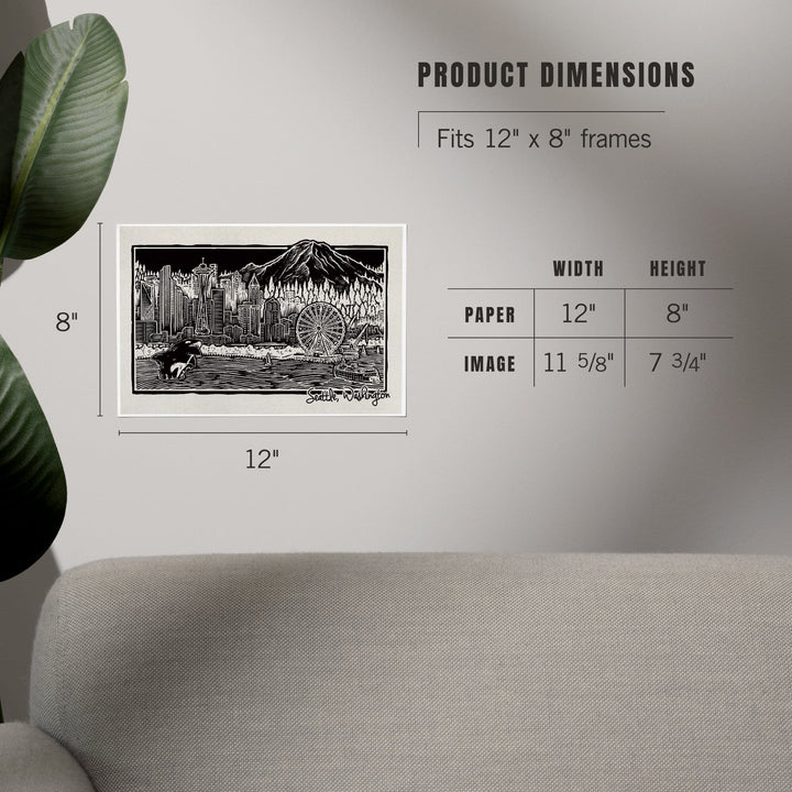 Seattle, Washington, Skyline, Scratchboard, Black and White, Art & Giclee Prints Art Lantern Press