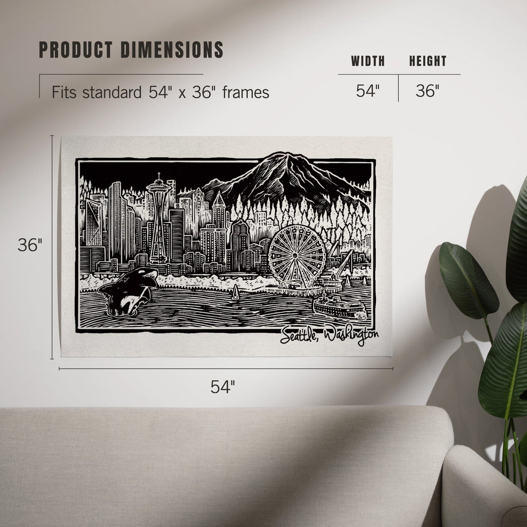 Seattle, Washington, Skyline, Scratchboard, Black and White, Art & Giclee Prints Art Lantern Press
