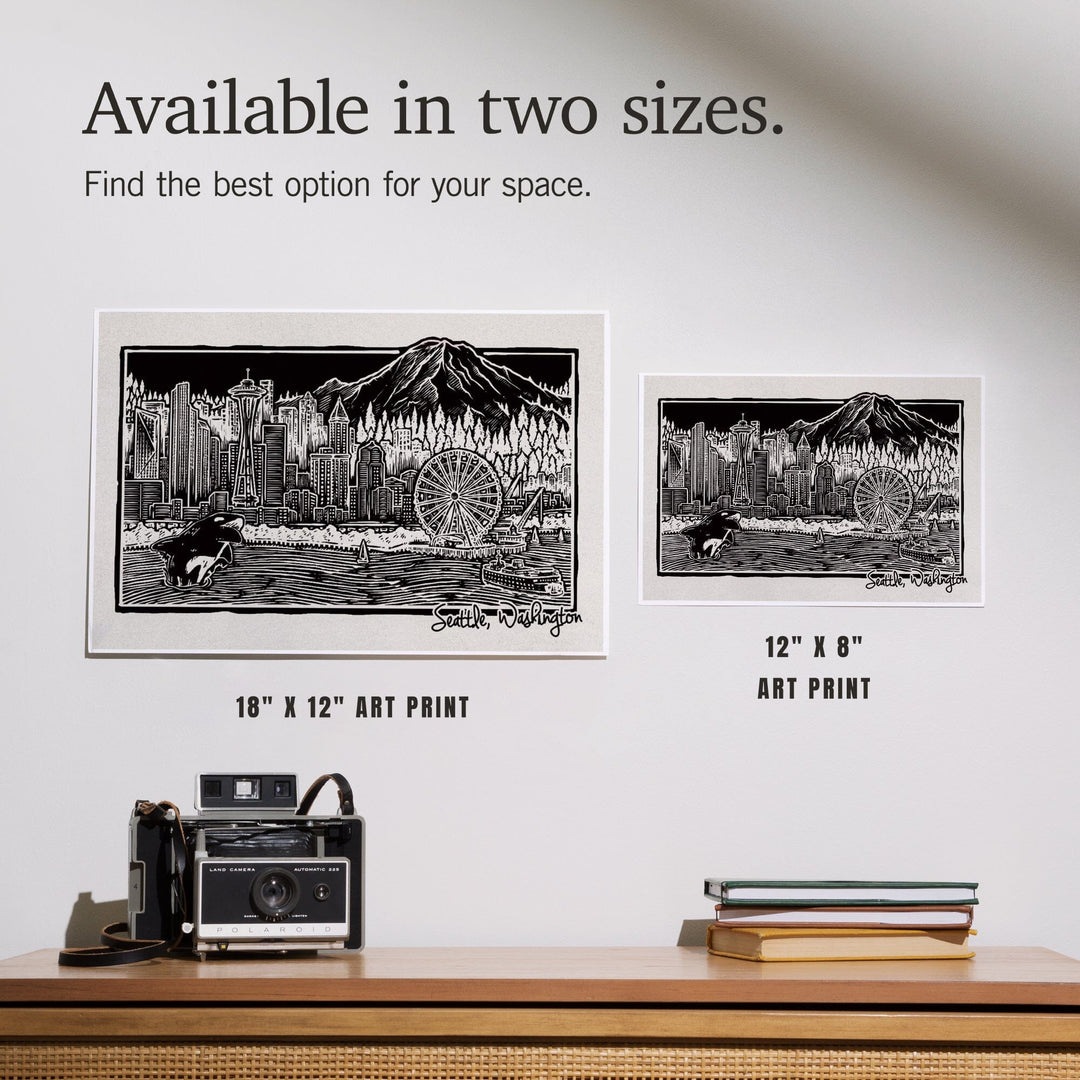 Seattle, Washington, Skyline, Scratchboard, Black and White, Art & Giclee Prints Art Lantern Press