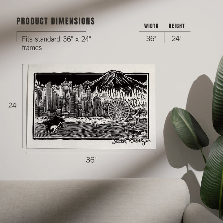 Seattle, Washington, Skyline, Scratchboard, Black and White, Art & Giclee Prints Art Lantern Press