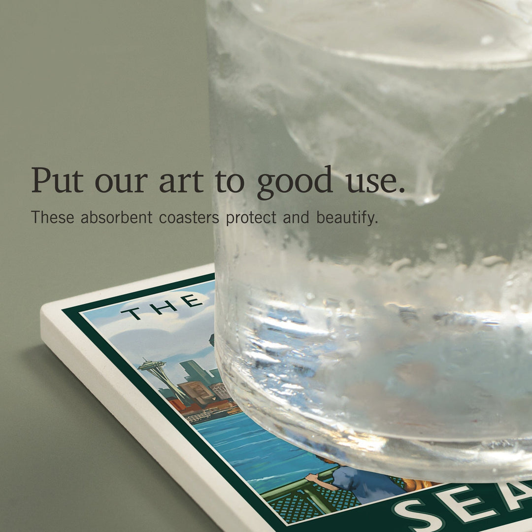 Seattle, Washington, Skyline, The Emerald City and Ferry, Coasters Coasters Lantern Press
